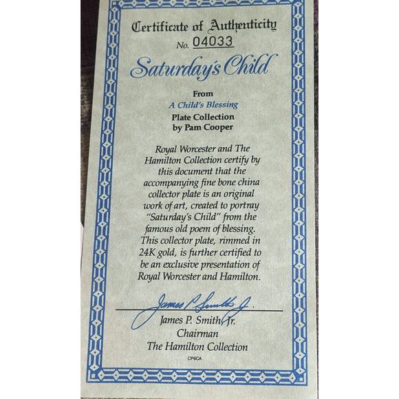 A Child's Blessing Plate By Pam Cooper Royal Worcester Saturday's Child & COA - Picture 2 of 9